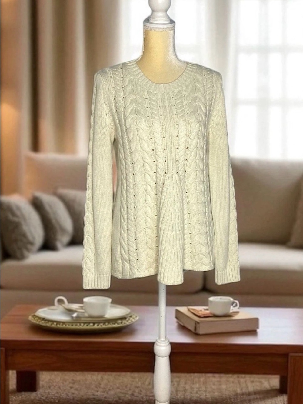 Cabi Cable Knit Pullover Sweater Med Beige Lace Up Corset Back Lining